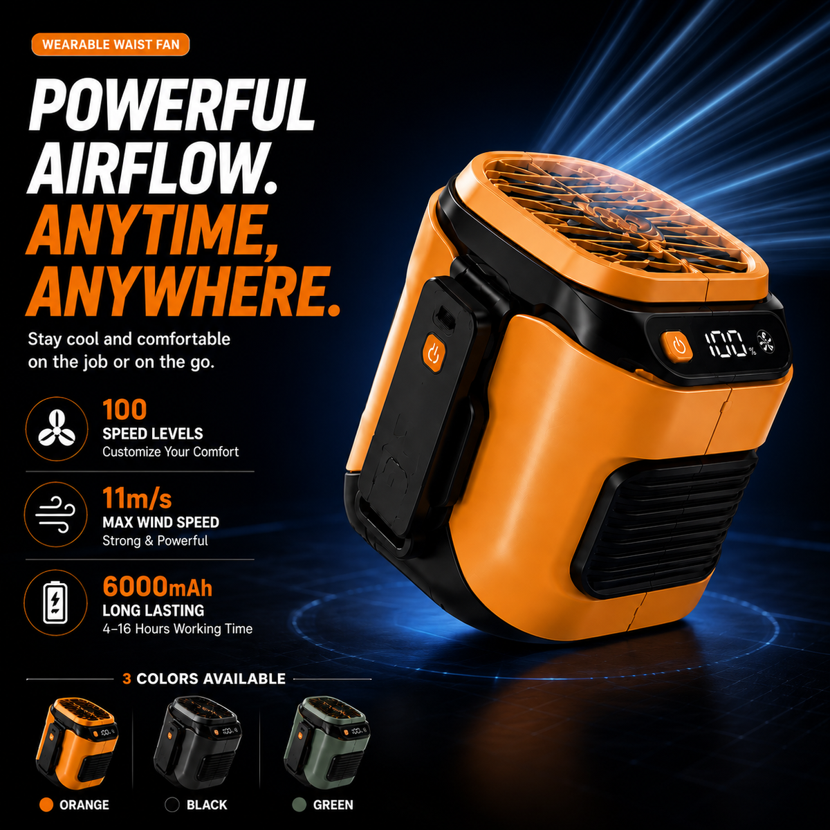 ZENTROVA Portable Wearable Waist Fan – 100 Speed Levels, 6000mAh Rechargeable