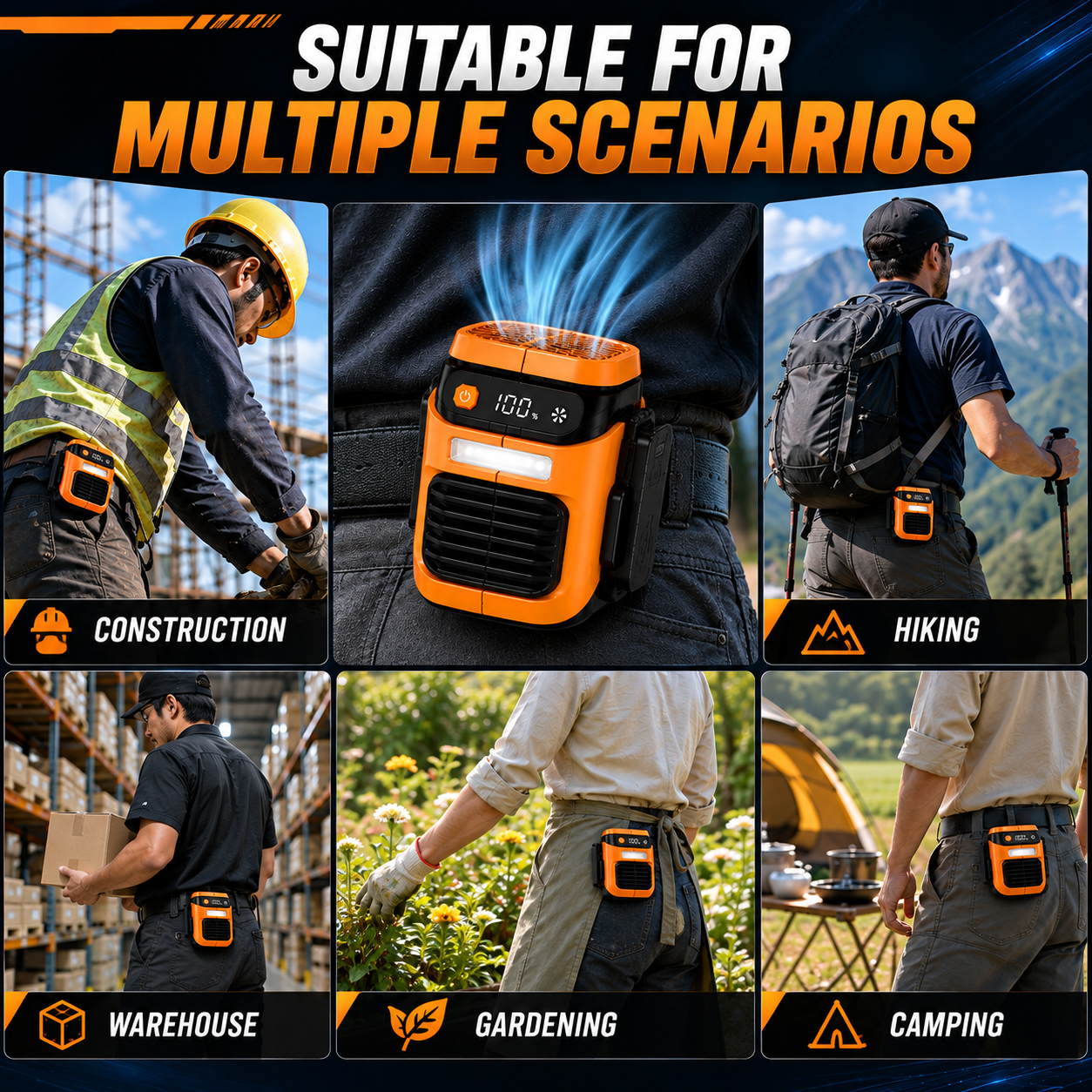 Wearable waist fan used for construction hiking warehouse gardening and camping