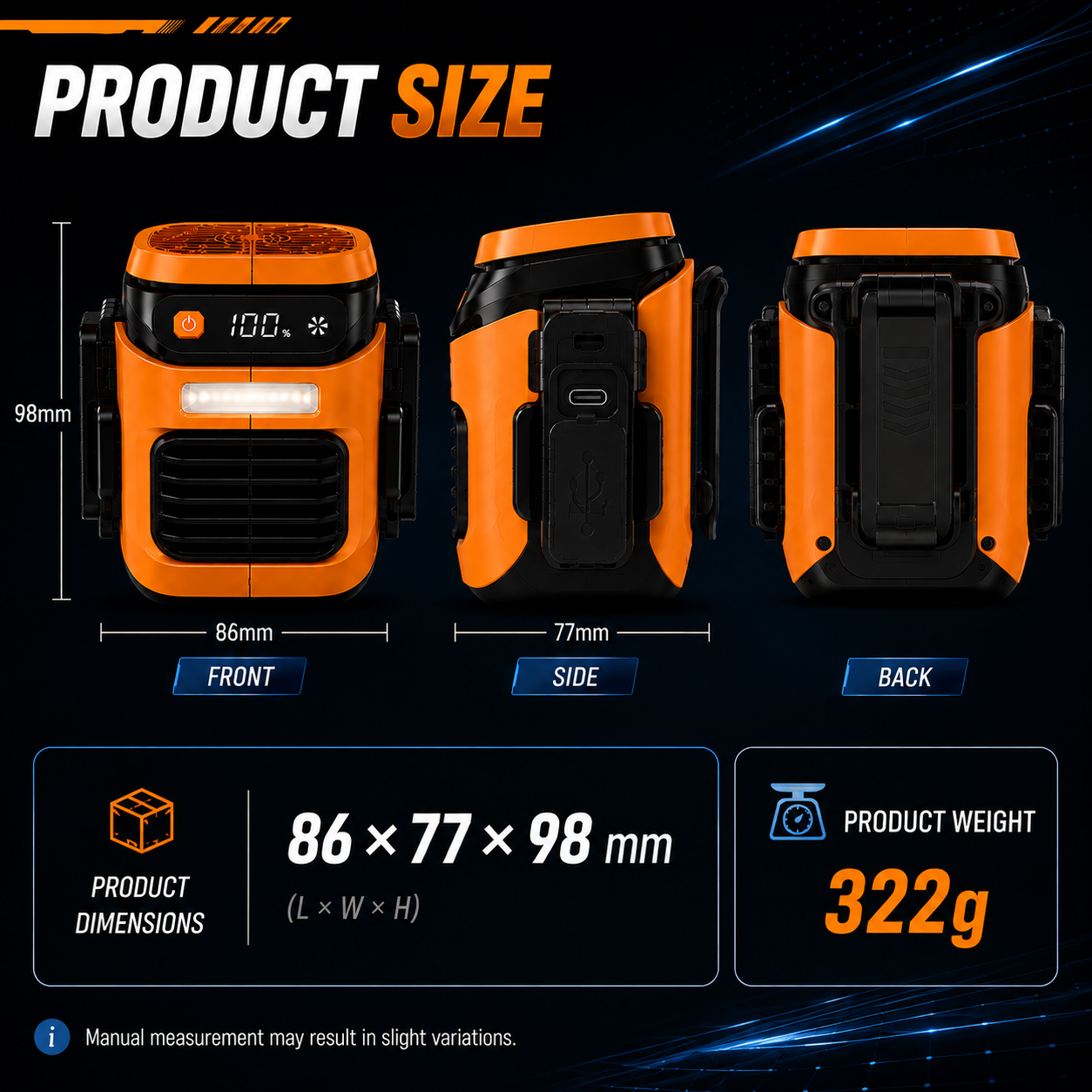 Wearable fan dimensions and weight