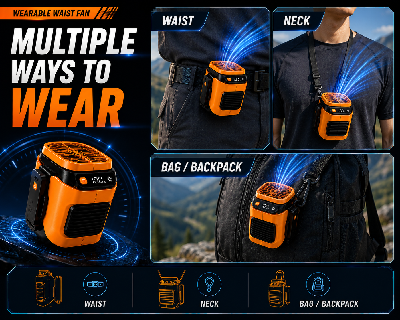 Multiple ways to wear the portable fan